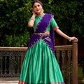 Traditional Rama Green Poly Cotton Lehenga Choli with Golden Zari Border and Embroidered Dupatta