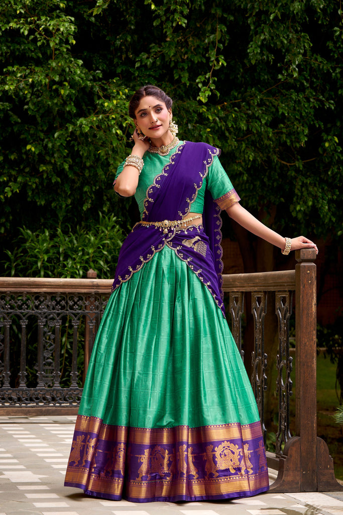Traditional Rama Green Poly Cotton Lehenga Choli with Golden Zari Border and Embroidered Dupatta