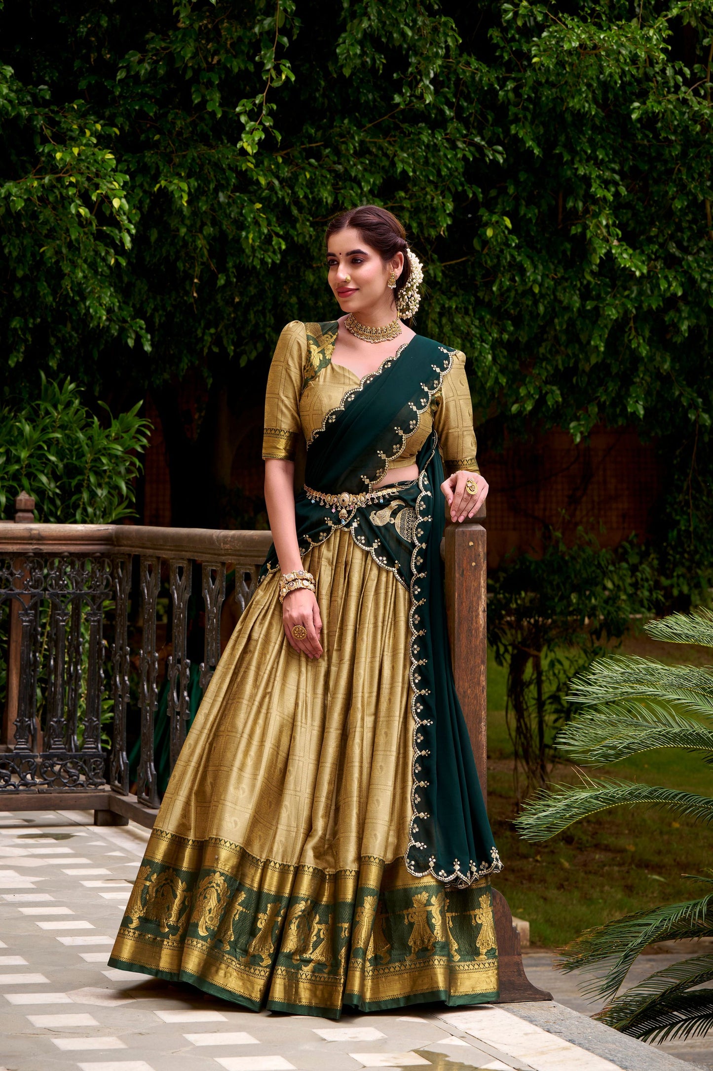 Graceful Golden Poly Cotton Lehenga Choli with Zari Border and Embroidered Dupatta