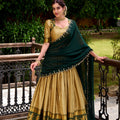Graceful Golden Poly Cotton Lehenga Choli with Zari Border and Embroidered Dupatta