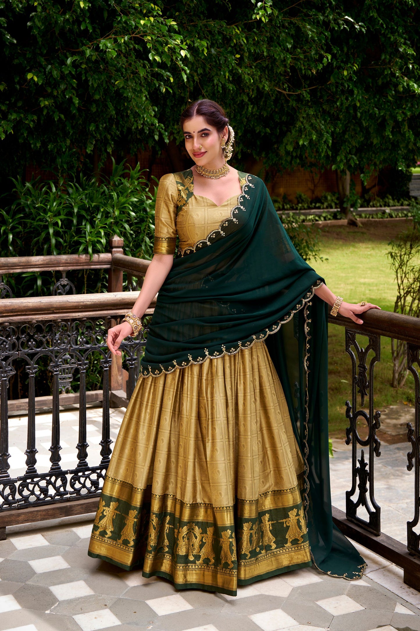 Graceful Golden Poly Cotton Lehenga Choli with Zari Border and Embroidered Dupatta