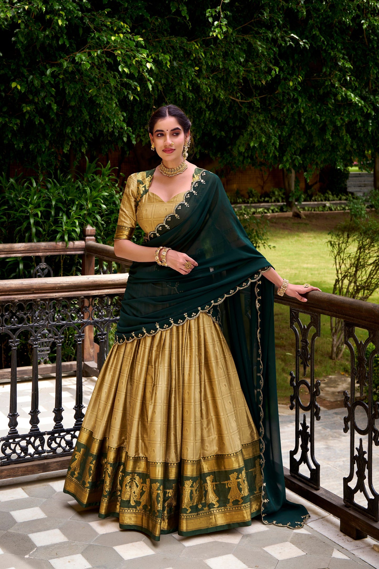 Graceful Golden Poly Cotton Lehenga Choli with Zari Border and Embroidered Dupatta