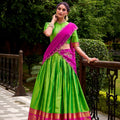 Traditional Parrot Green Poly Cotton Lehenga Choli with Pink Zari Border and Embroidered Dupatta