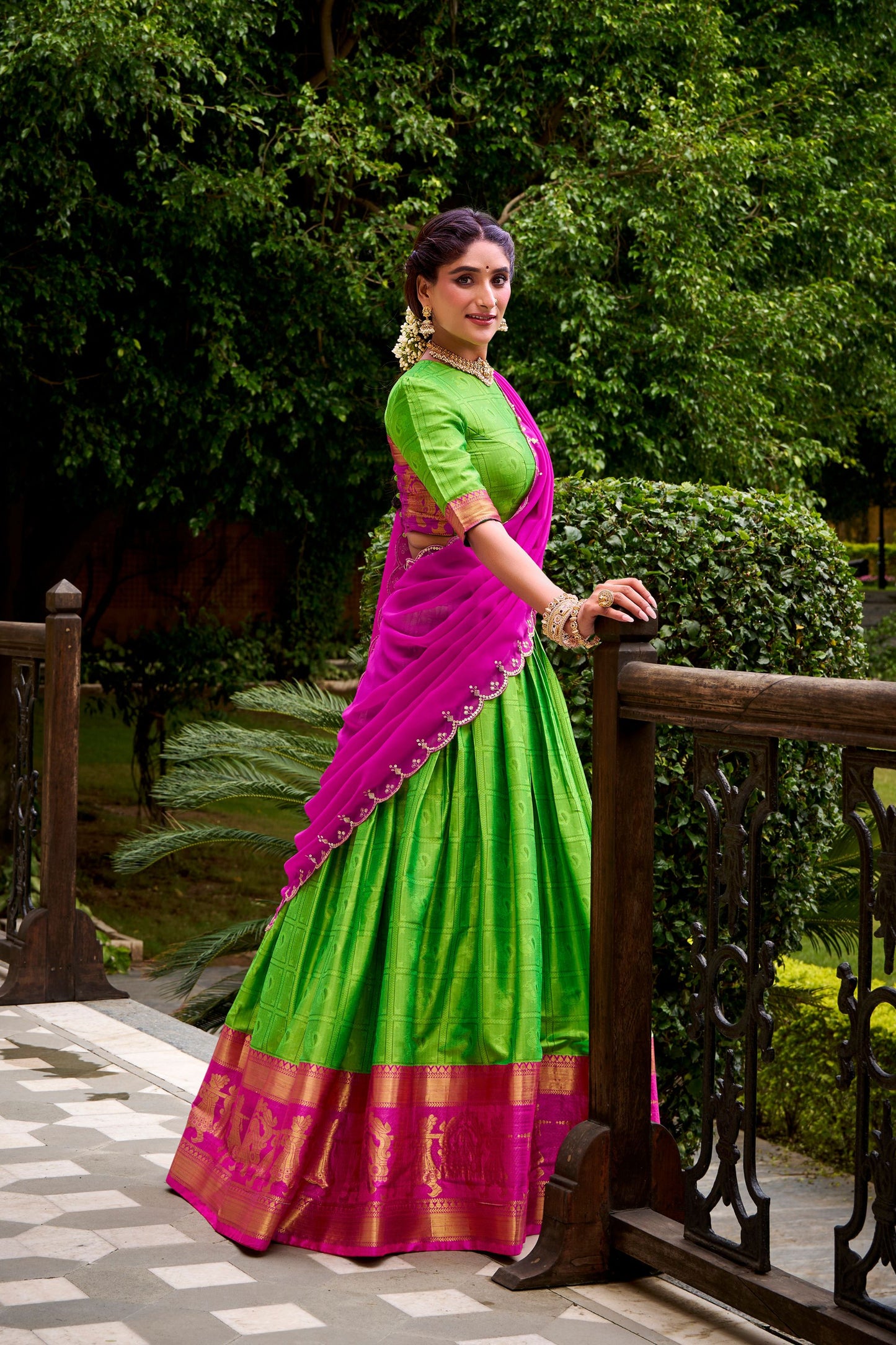 Traditional Parrot Green Poly Cotton Lehenga Choli with Pink Zari Border and Embroidered Dupatta