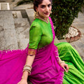 Traditional Parrot Green Poly Cotton Lehenga Choli with Pink Zari Border and Embroidered Dupatta