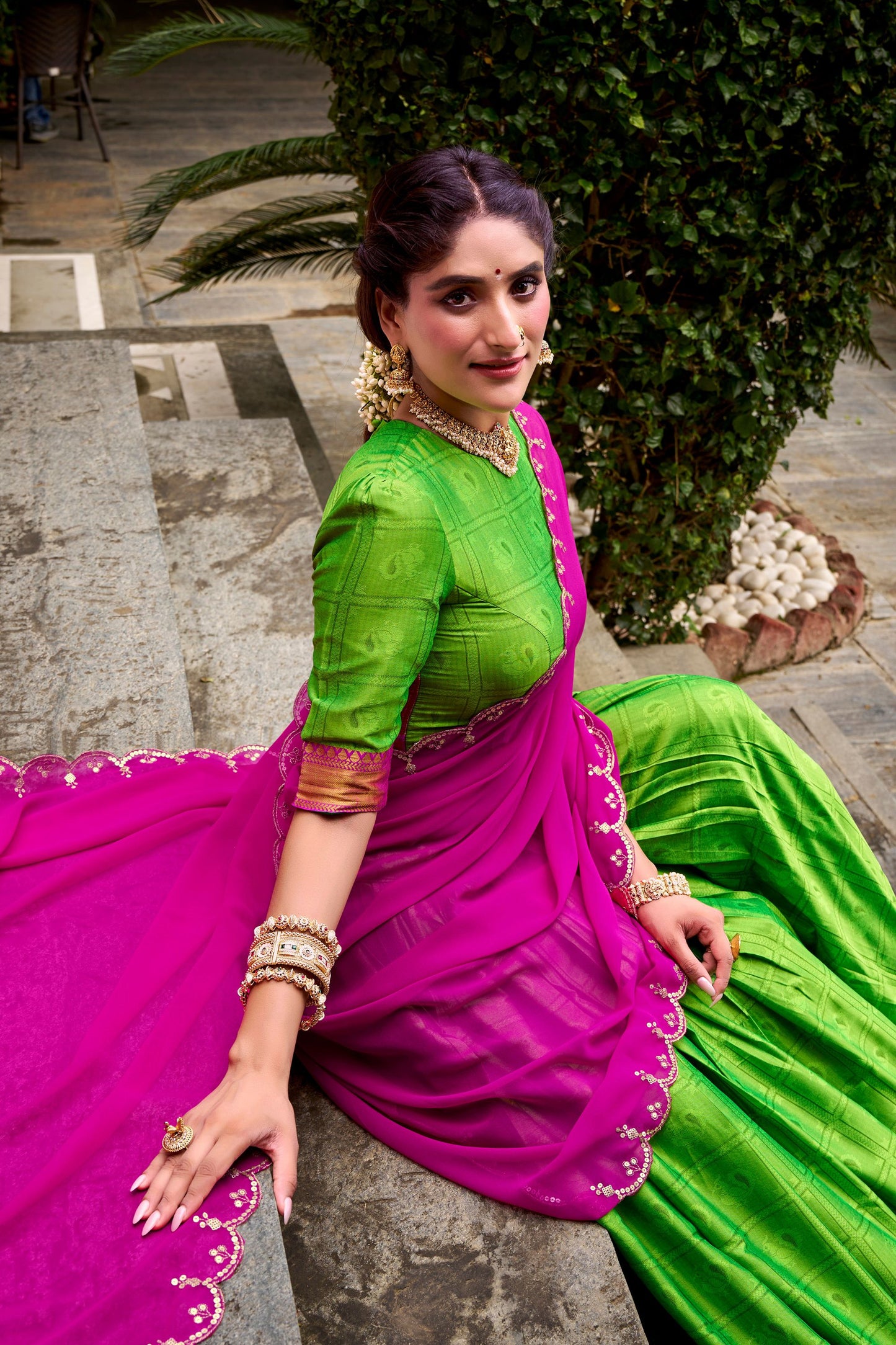 Traditional Parrot Green Poly Cotton Lehenga Choli with Pink Zari Border and Embroidered Dupatta