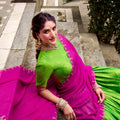 Traditional Parrot Green Poly Cotton Lehenga Choli with Pink Zari Border and Embroidered Dupatta