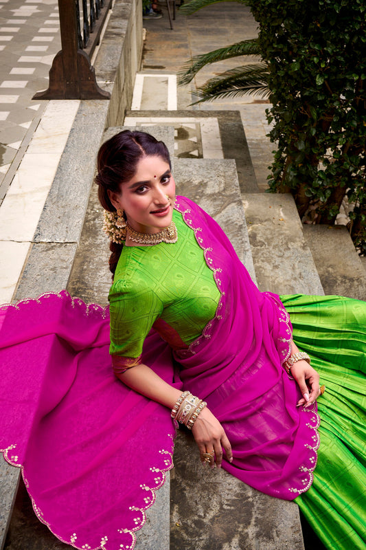 Traditional Parrot Green Poly Cotton Lehenga Choli with Pink Zari Border and Embroidered Dupatta