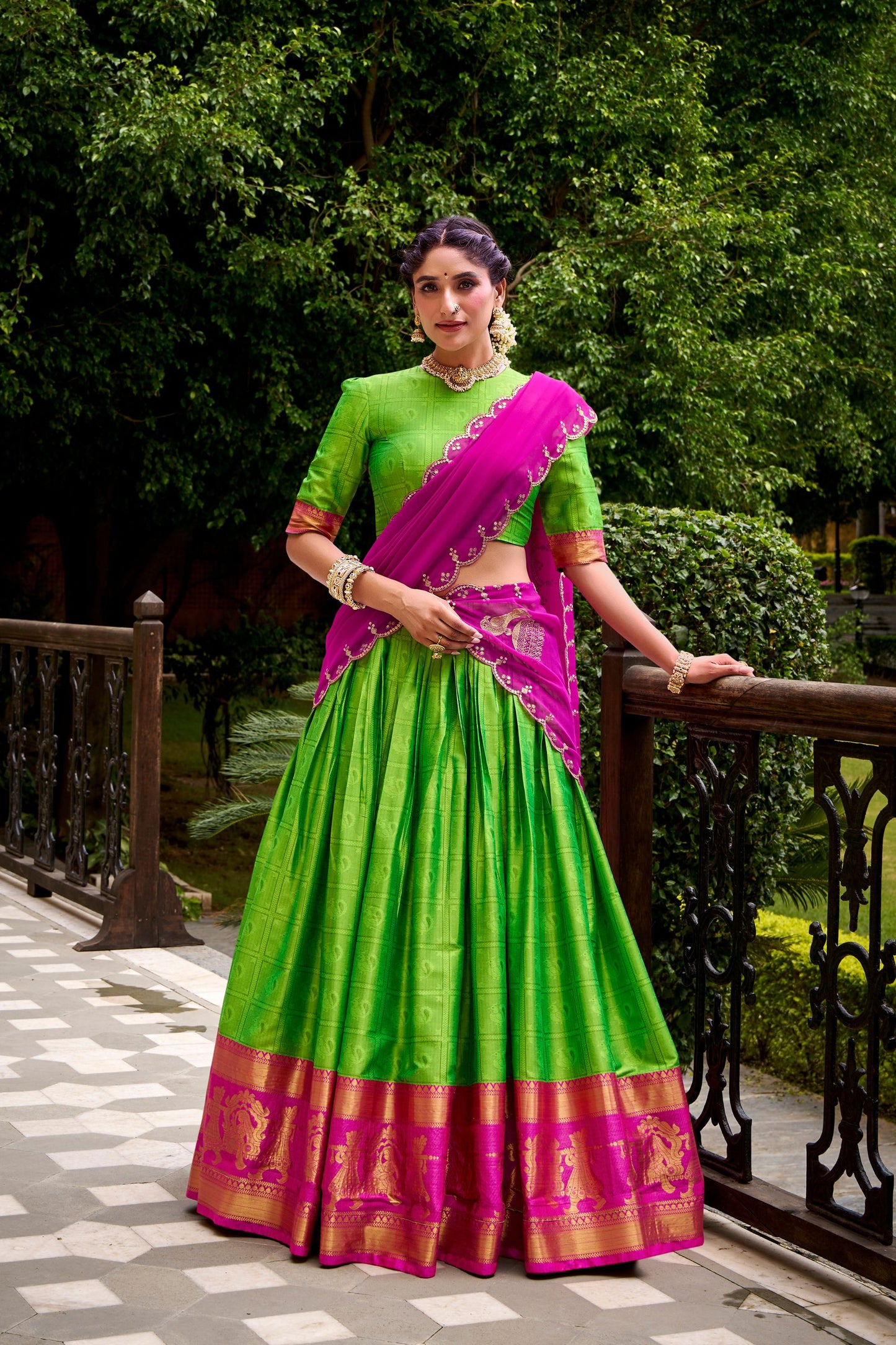 Traditional Parrot Green Poly Cotton Lehenga Choli with Pink Zari Border and Embroidered Dupatta