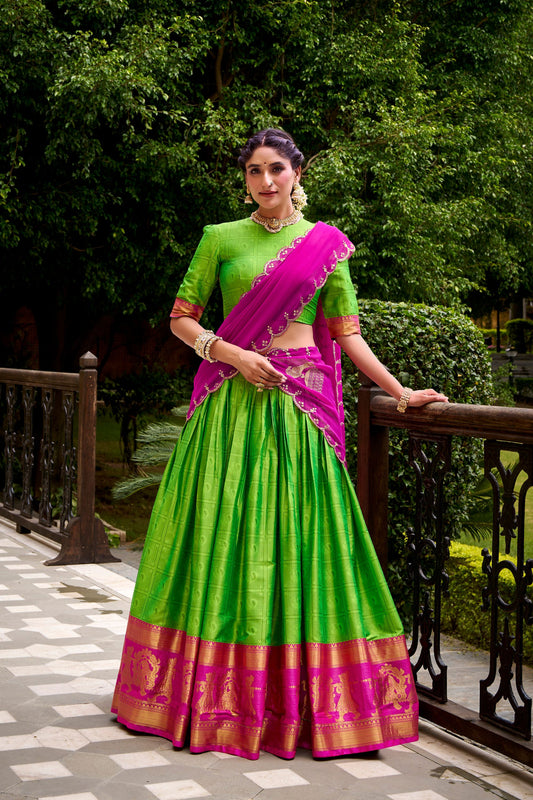 Traditional Parrot Green Poly Cotton Lehenga Choli with Pink Zari Border and Embroidered Dupatta
