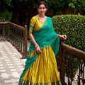 Unique Yellow Poly Cotton Lehenga Choli with Teal Green Zari Border and Embroidered Dupatta