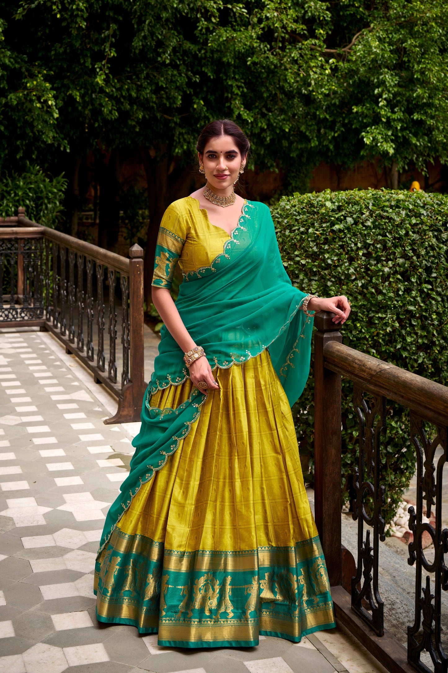 Unique Yellow Poly Cotton Lehenga Choli with Teal Green Zari Border and Embroidered Dupatta