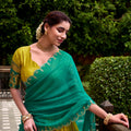 Unique Yellow Poly Cotton Lehenga Choli with Teal Green Zari Border and Embroidered Dupatta