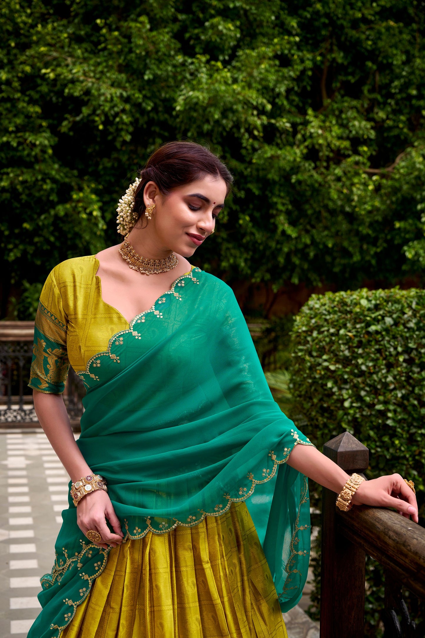Unique Yellow Poly Cotton Lehenga Choli with Teal Green Zari Border and Embroidered Dupatta