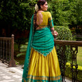 Unique Yellow Poly Cotton Lehenga Choli with Teal Green Zari Border and Embroidered Dupatta
