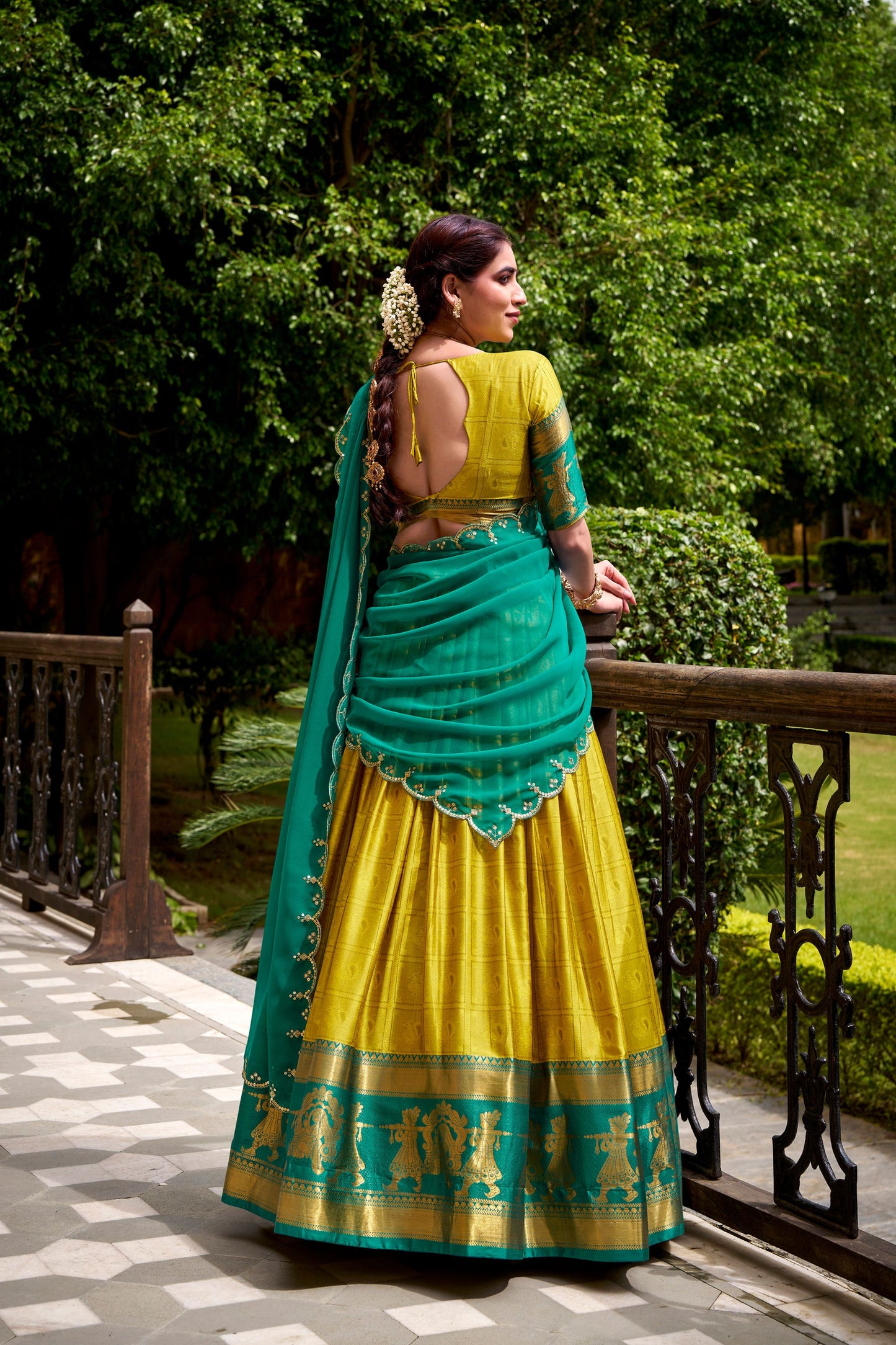 Unique Yellow Poly Cotton Lehenga Choli with Teal Green Zari Border and Embroidered Dupatta