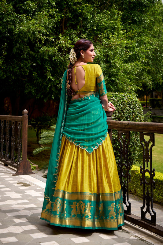 Unique Yellow Poly Cotton Lehenga Choli with Teal Green Zari Border and Embroidered Dupatta