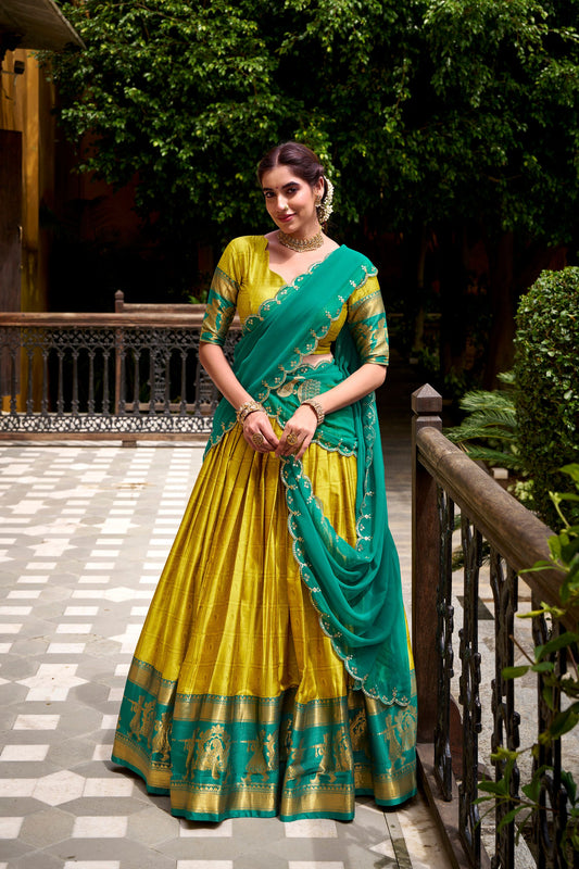 Unique Yellow Poly Cotton Lehenga Choli with Teal Green Zari Border and Embroidered Dupatta