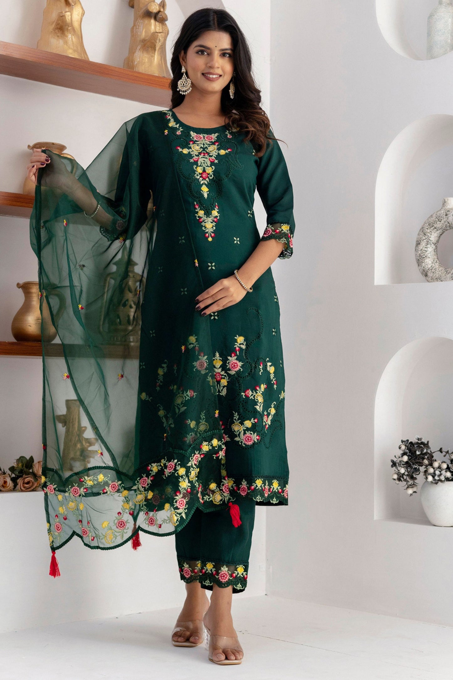 Graceful Dark Green Viscose Silk Embroidered Salwar Suit with Floral Dupatta