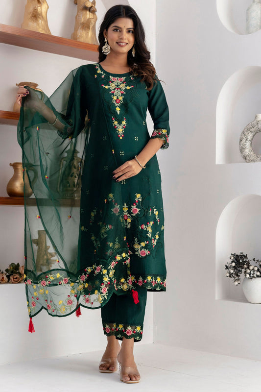 Graceful Dark Green Viscose Silk Embroidered Salwar Suit with Floral Dupatta
