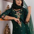 Graceful Dark Green Viscose Silk Embroidered Salwar Suit with Floral Dupatta