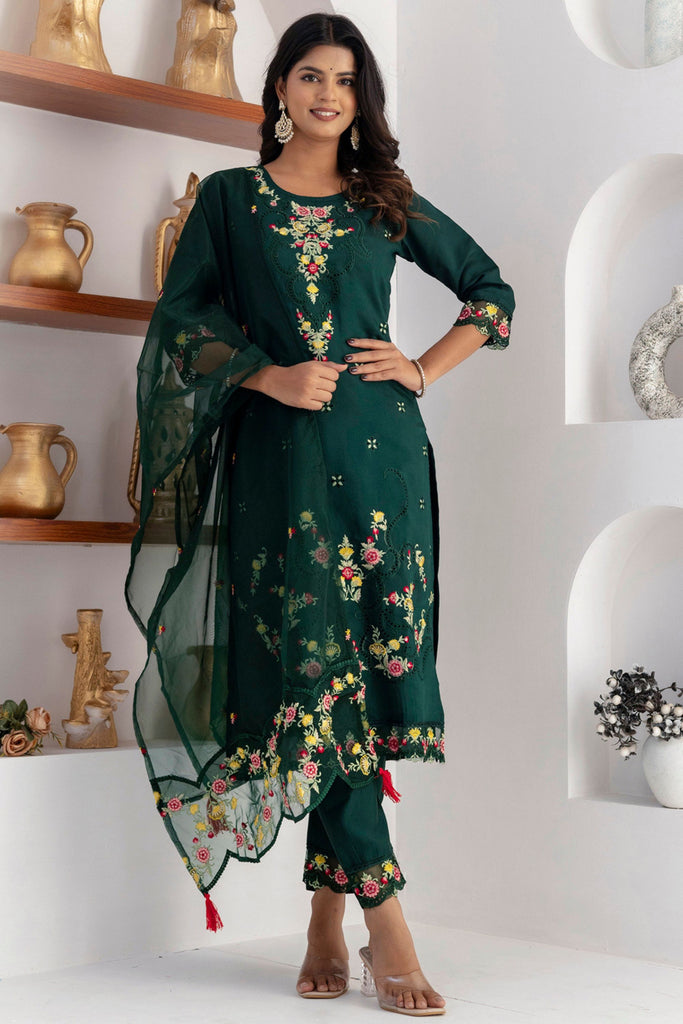 Graceful Dark Green Viscose Silk Embroidered Salwar Suit with Floral Dupatta