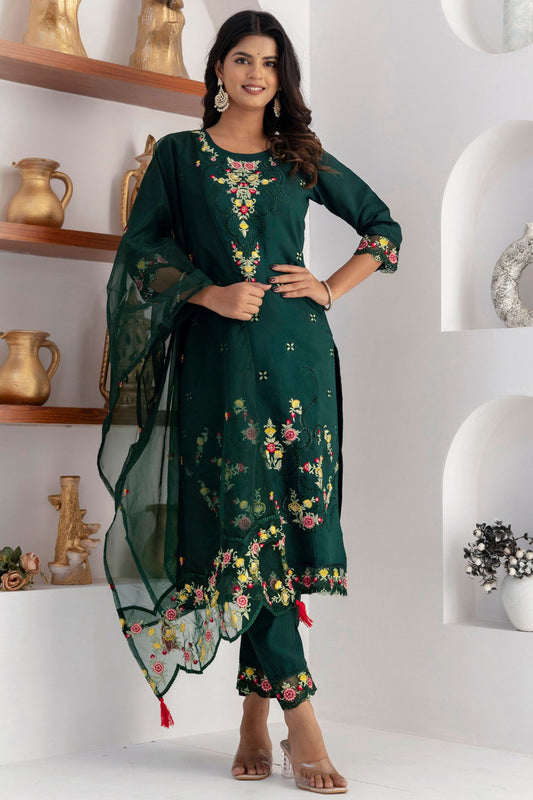 Graceful Dark Green Viscose Silk Embroidered Salwar Suit with Floral Dupatta