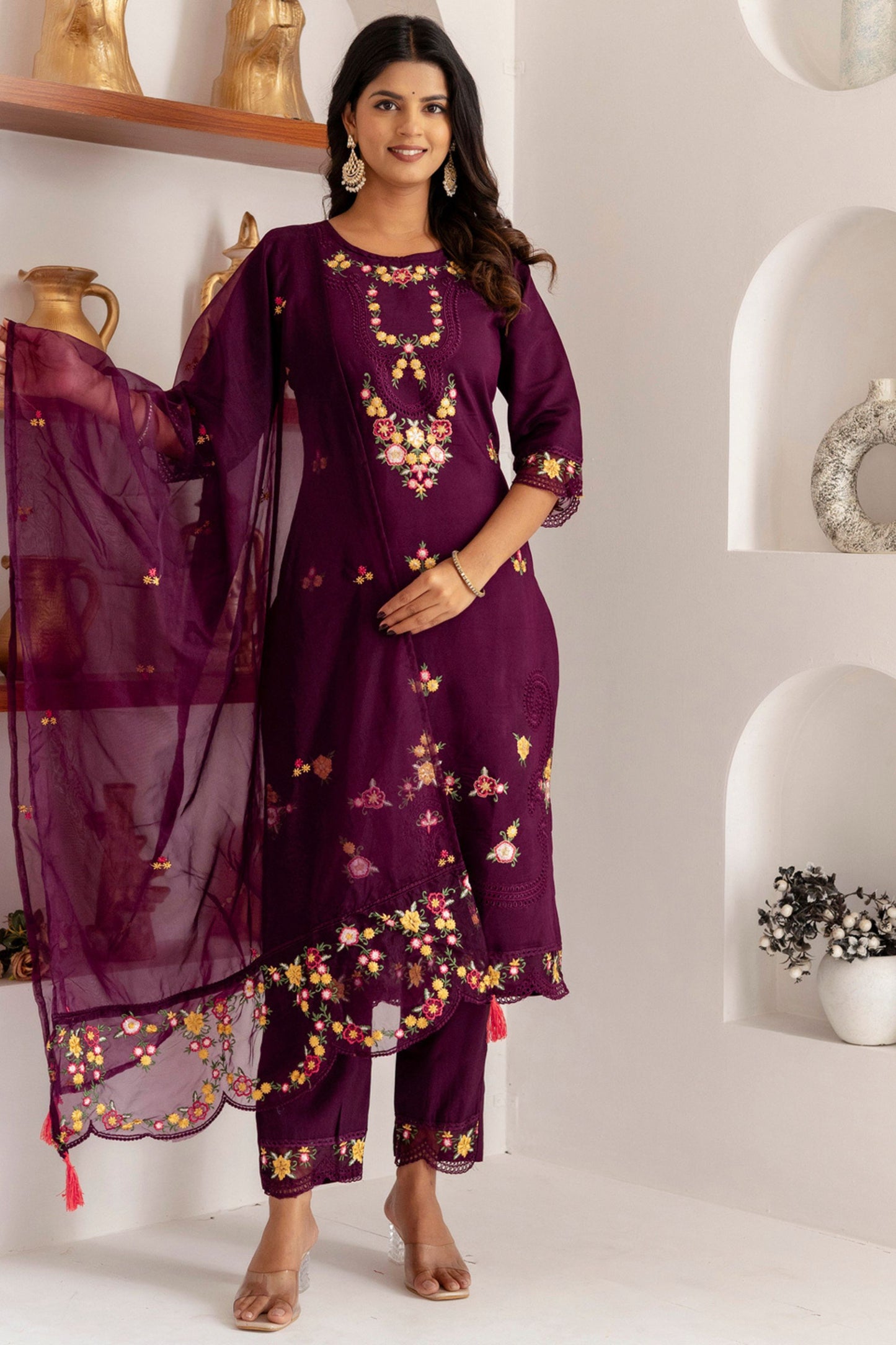 Elegant Wine Purple Viscose Silk Embroidered Salwar Suit with Floral Dupatta