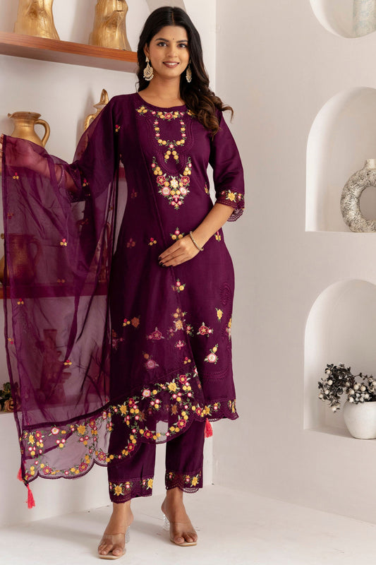 Elegant Wine Purple Viscose Silk Embroidered Salwar Suit with Floral Dupatta