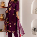 Elegant Wine Purple Viscose Silk Embroidered Salwar Suit with Floral Dupatta