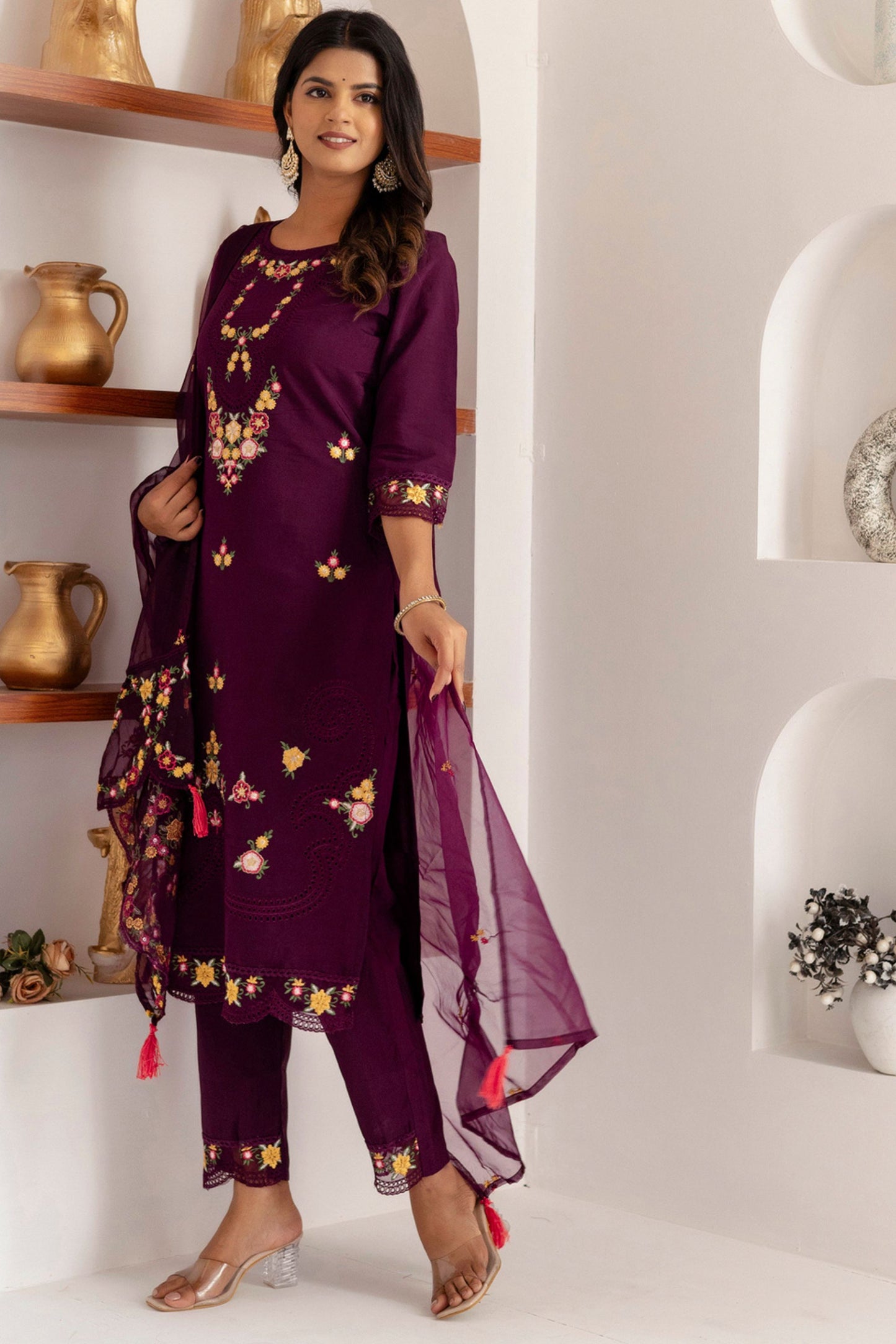 Elegant Wine Purple Viscose Silk Embroidered Salwar Suit with Floral Dupatta