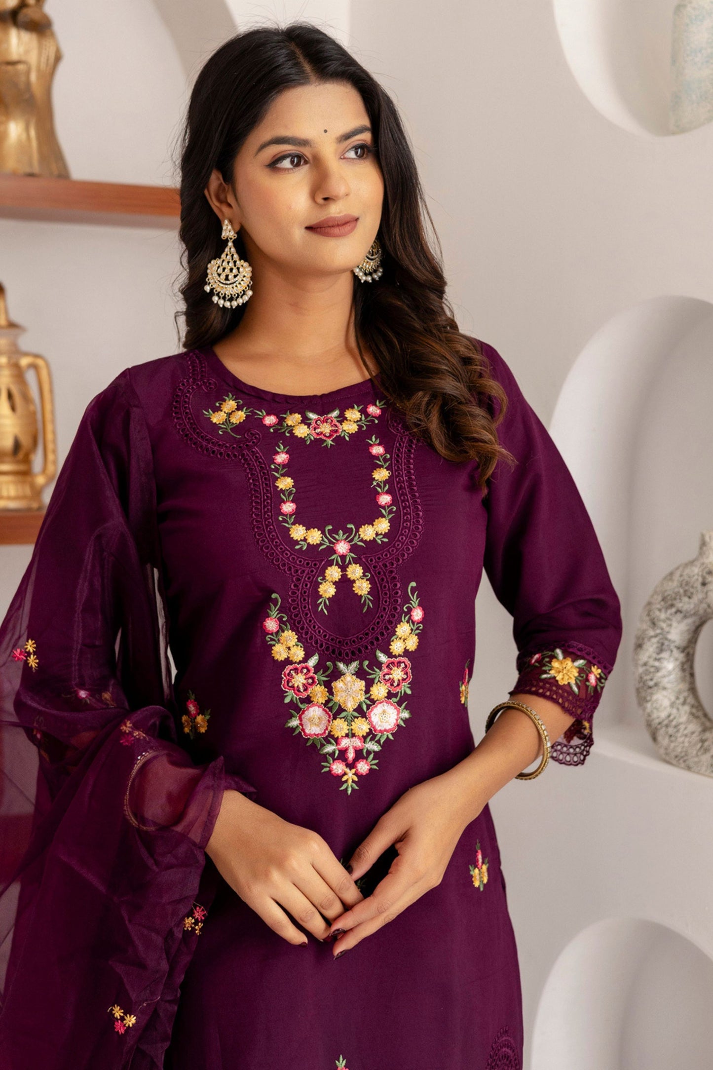 Elegant Wine Purple Viscose Silk Embroidered Salwar Suit with Floral Dupatta