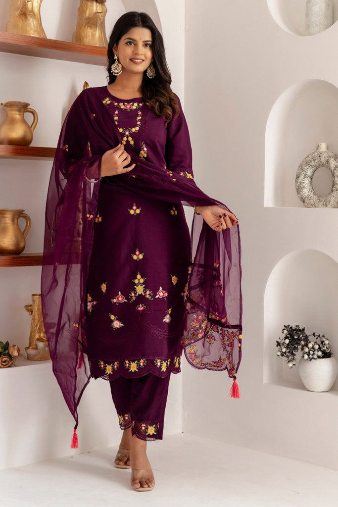 Elegant Wine Purple Viscose Silk Embroidered Salwar Suit with Floral Dupatta