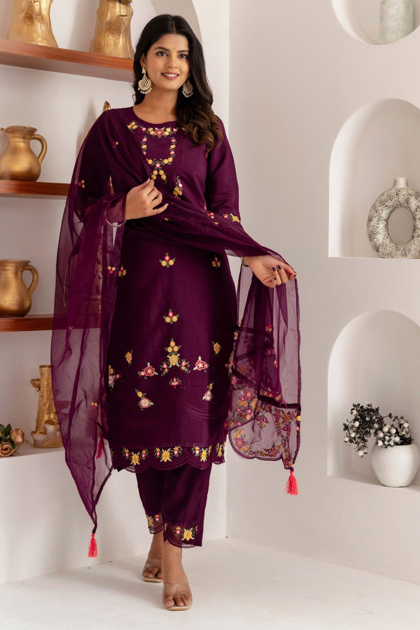 Elegant Wine Purple Viscose Silk Embroidered Salwar Suit with Floral Dupatta