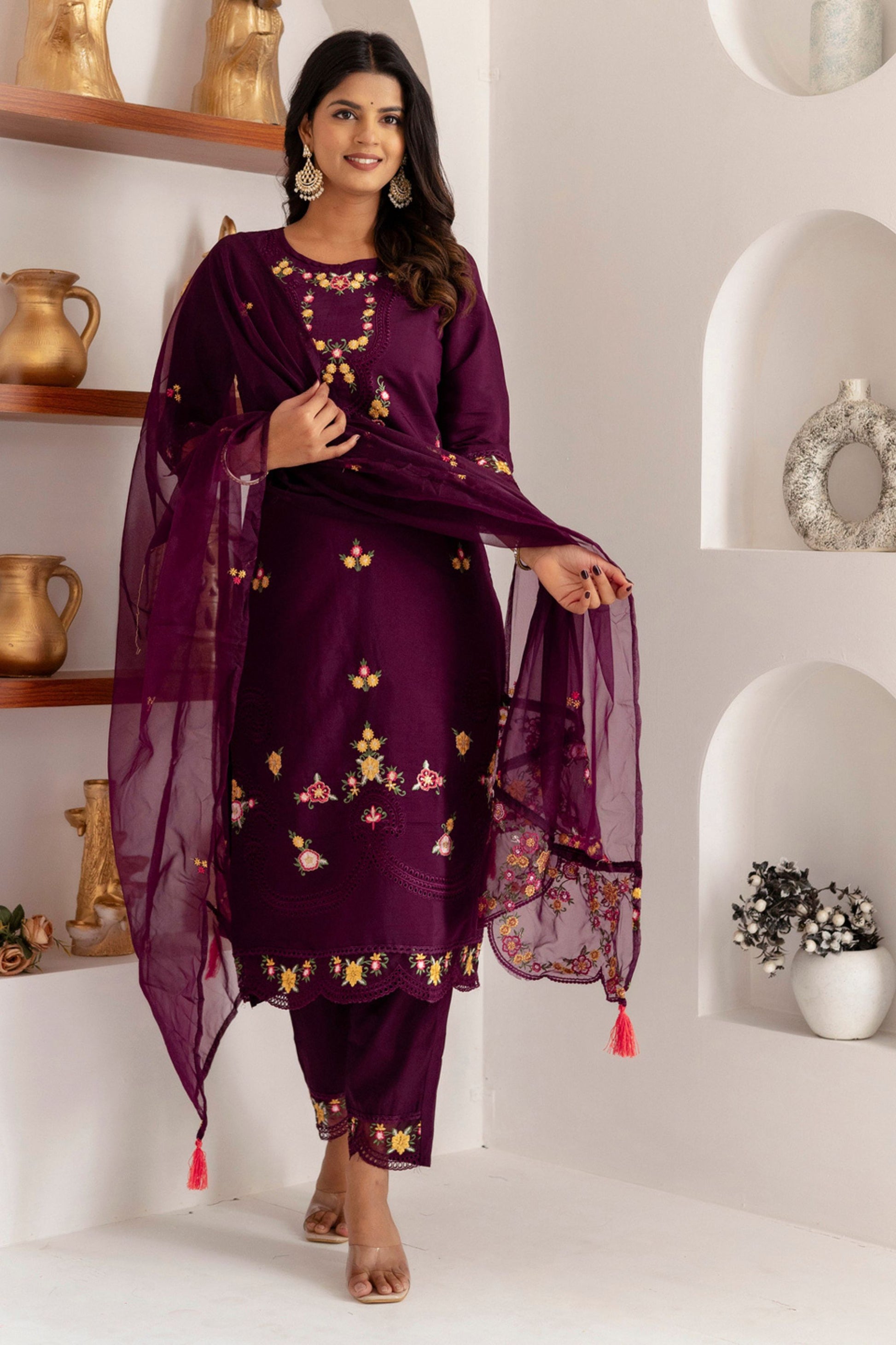 Elegant Wine Purple Viscose Silk Embroidered Salwar Suit with Floral Dupatta