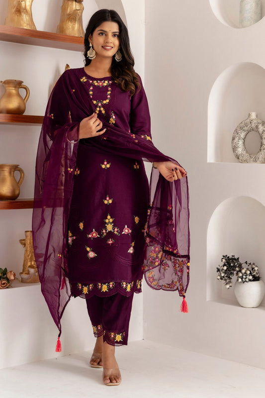 Elegant Wine Purple Viscose Silk Embroidered Salwar Suit with Floral Dupatta