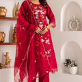 Beautiful Red Viscose Silk Embroidered Salwar Suit with Floral Dupatta