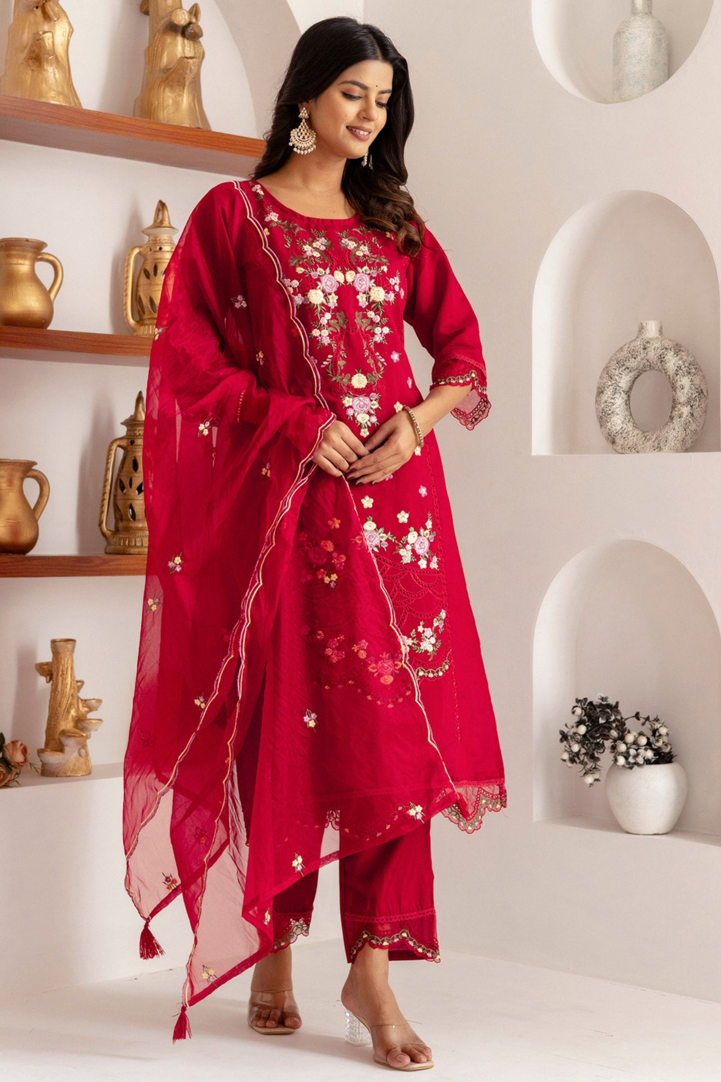 Beautiful Red Viscose Silk Embroidered Salwar Suit with Floral Dupatta