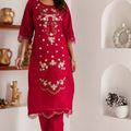 Beautiful Red Viscose Silk Embroidered Salwar Suit with Floral Dupatta