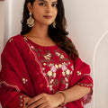 Beautiful Red Viscose Silk Embroidered Salwar Suit with Floral Dupatta
