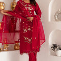 Beautiful Red Viscose Silk Embroidered Salwar Suit with Floral Dupatta