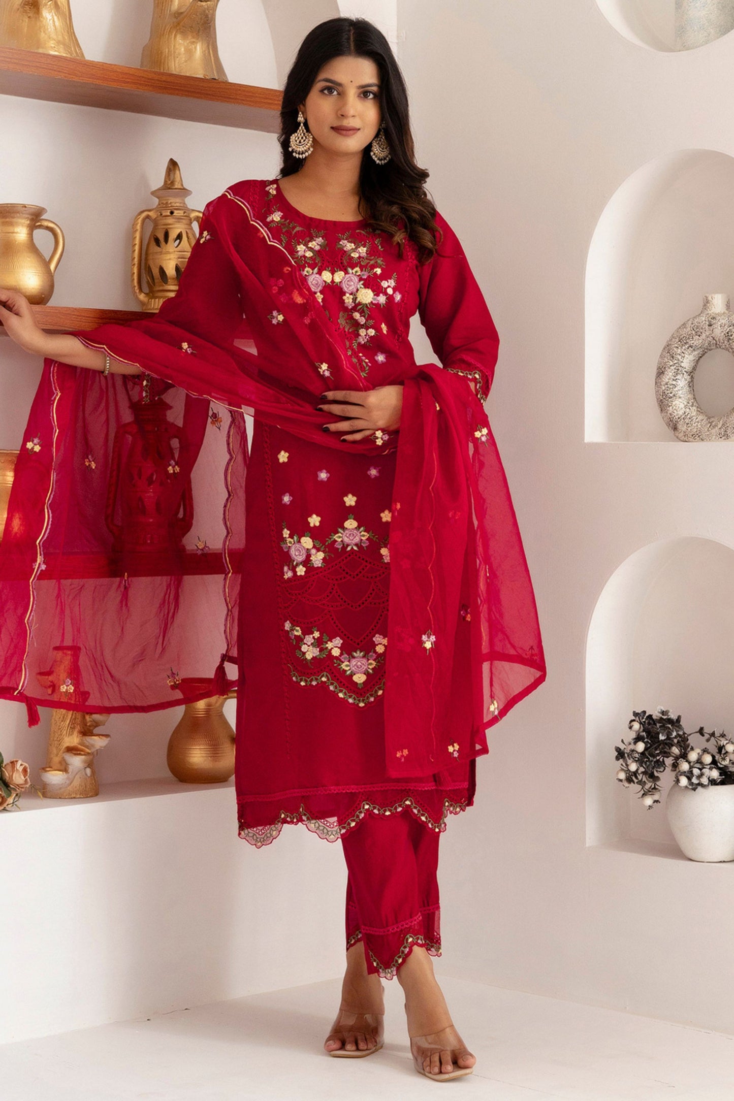 Beautiful Red Viscose Silk Embroidered Salwar Suit with Floral Dupatta