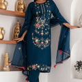 Charming Navy Blue Viscose Silk Embroidered Salwar Suit with Floral Dupatta
