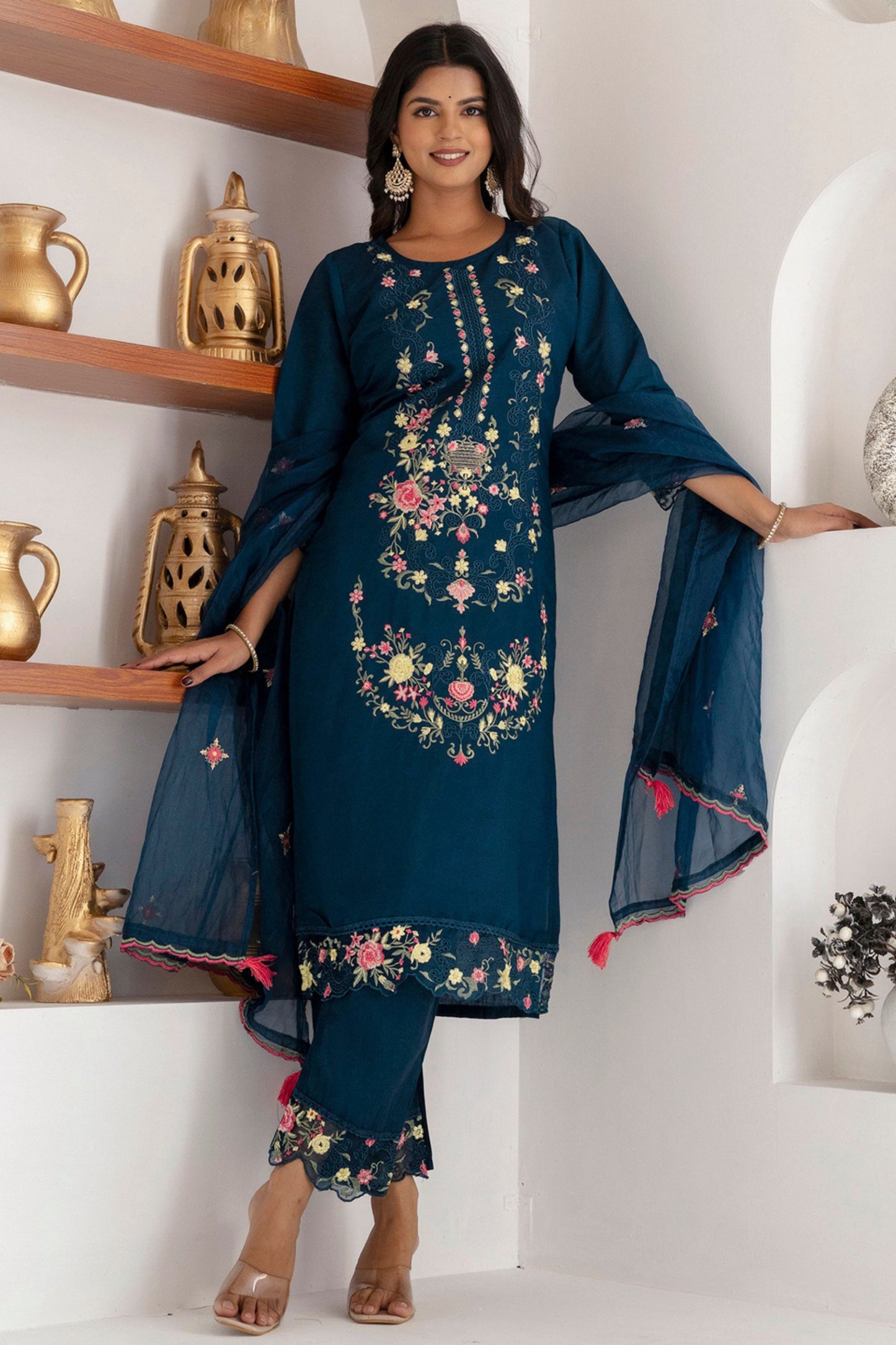 Charming Navy Blue Viscose Silk Embroidered Salwar Suit with Floral Dupatta