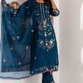 Charming Navy Blue Viscose Silk Embroidered Salwar Suit with Floral Dupatta