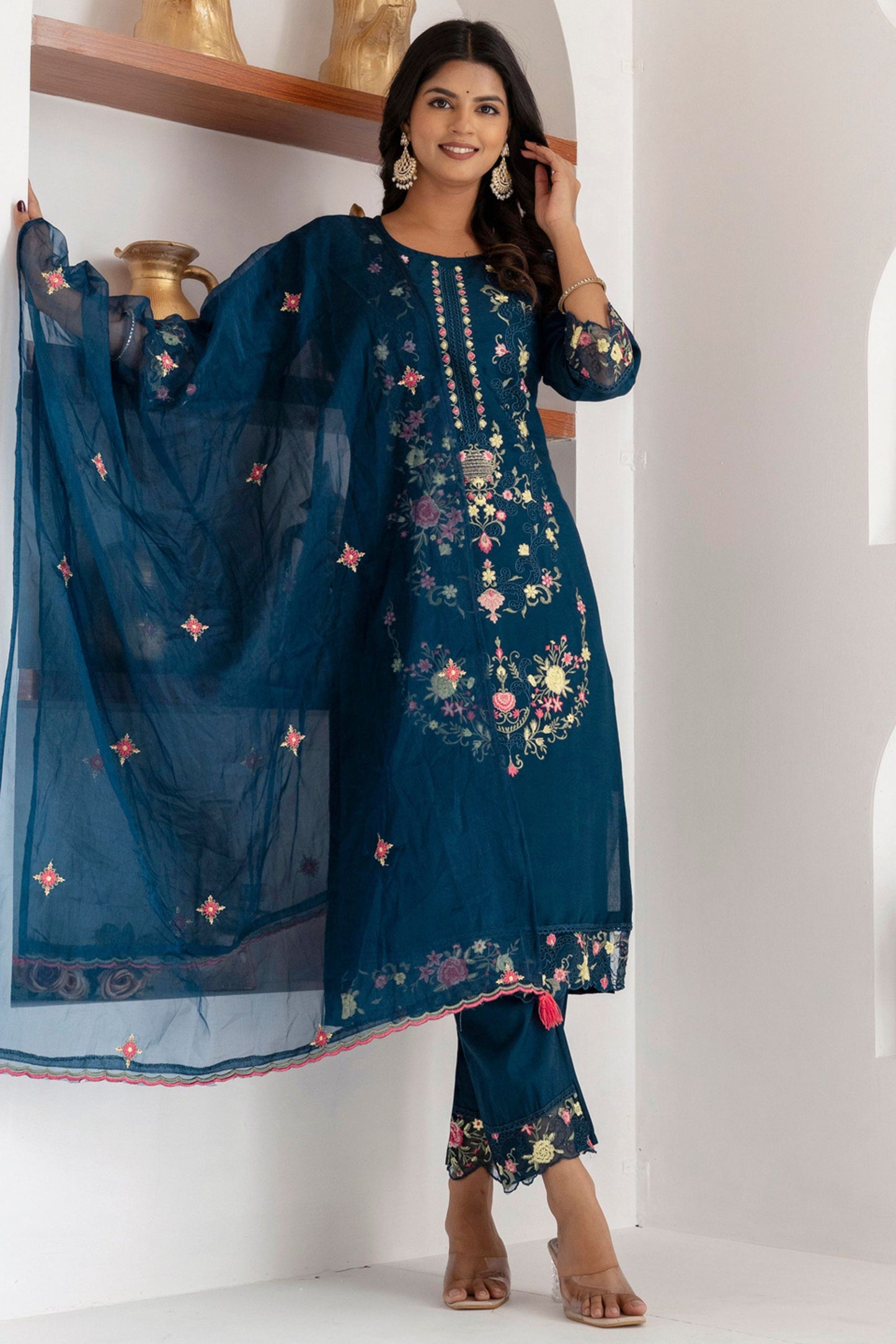 Charming Navy Blue Viscose Silk Embroidered Salwar Suit with Floral Dupatta