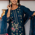 Charming Navy Blue Viscose Silk Embroidered Salwar Suit with Floral Dupatta