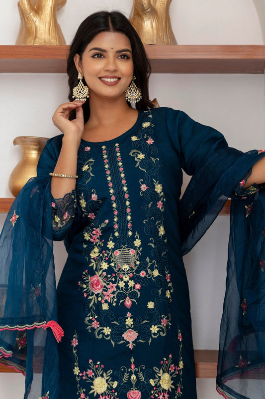 Charming Navy Blue Viscose Silk Embroidered Salwar Suit with Floral Dupatta