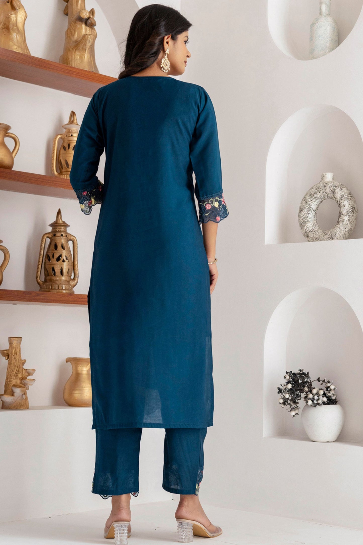 Charming Navy Blue Viscose Silk Embroidered Salwar Suit with Floral Dupatta