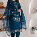 Charming Navy Blue Viscose Silk Embroidered Salwar Suit with Floral Dupatta